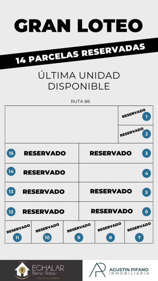 Lotes en venta - Ruta 86 - ULTIMA UNIDAD DISPONIBLE